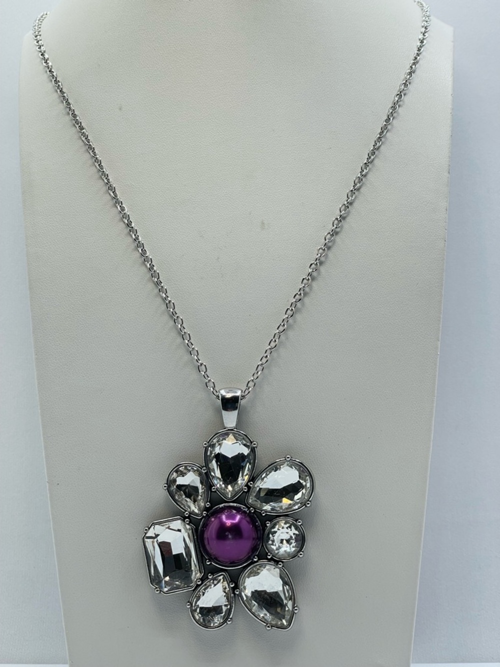 Silver Tone Crystal Flower Pendant Necklace Purple Center Statement